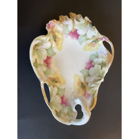 Trinket Nut Dish Gold Mark 18 Hand Painted Pink Yellow Wild Roses Old Victorian - Picture 2 of 16